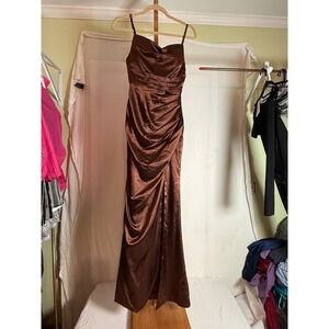 Chocolate Brown Satin Ruched Maxi Gown Cowl Neck Formal Dress Size 4